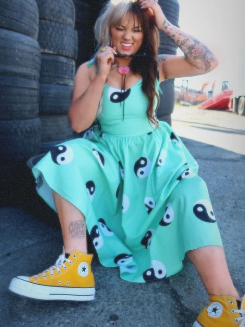 Emy Ave Mint Yin Yang Print Midi Dress- Women
